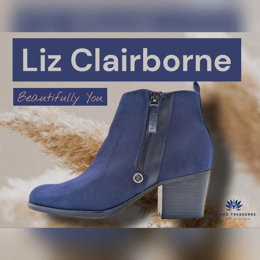 Liz Clairborne Salem Sz 7.5M Ankle Boot Blue Textile Upper Block Heel Silver Zip